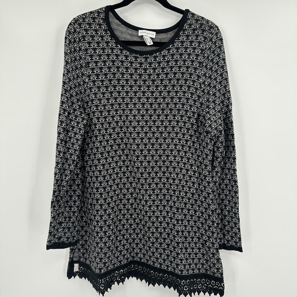 Susan Graver Sweater Womens XL Black White Crochet Lace Hem Tunic Long Sleeve